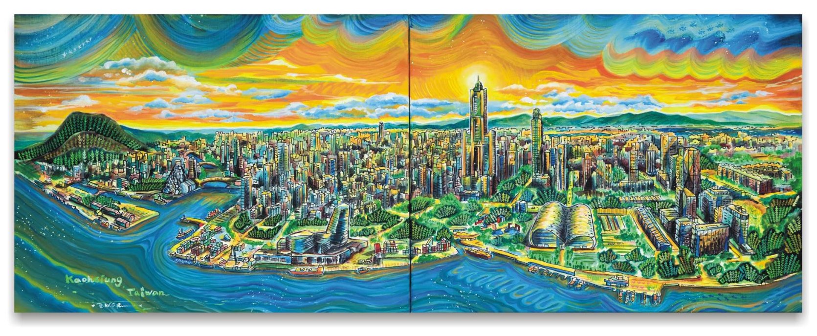 高雄市政府邀請在地藝術家王國仁繪製亞洲新灣區景色，回贈予聖市紀念40年姊妹市情誼。